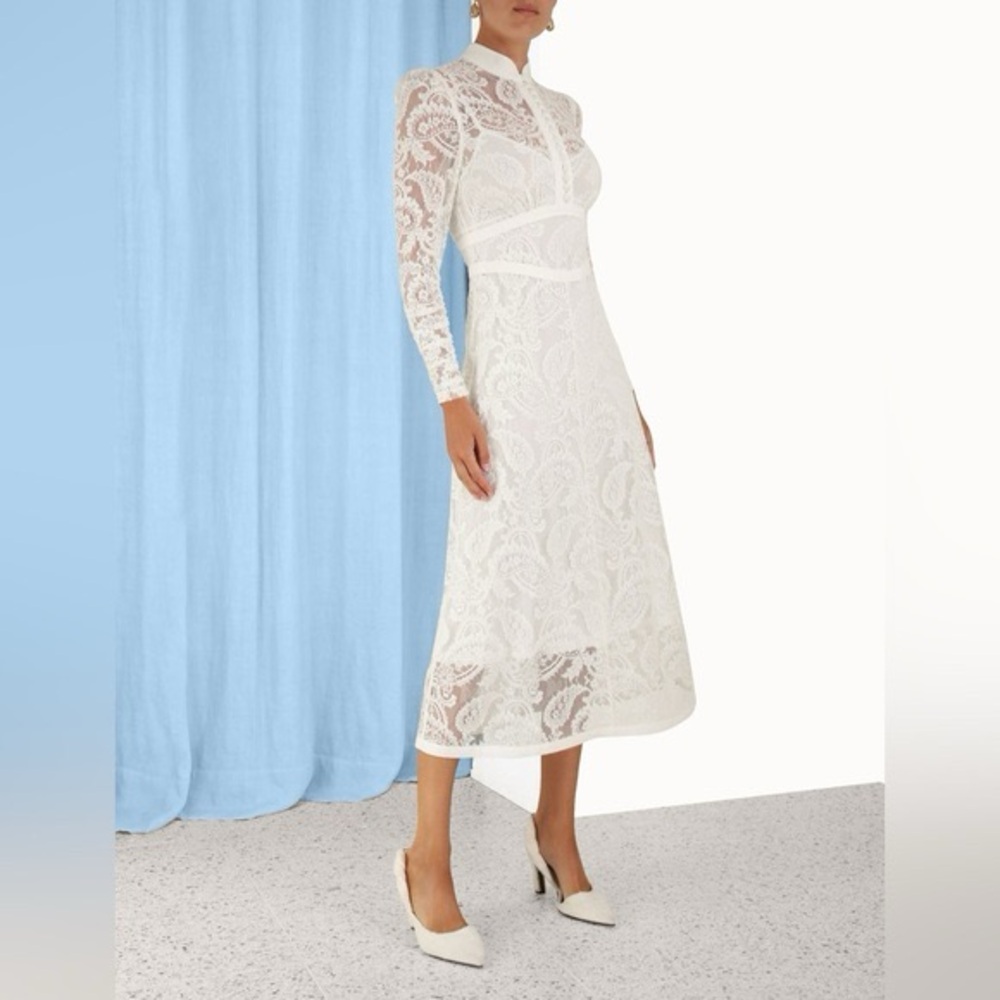 Zimmermann Wonderland Paisley Lace Midi Dress Ivory,Size 4 US M/L, $1,350